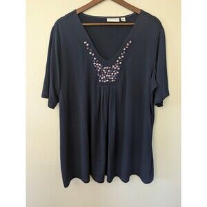 Susan Graver Womens Liquid Knit Top 1X Embellished Neck Short Sleeve Navy Blue